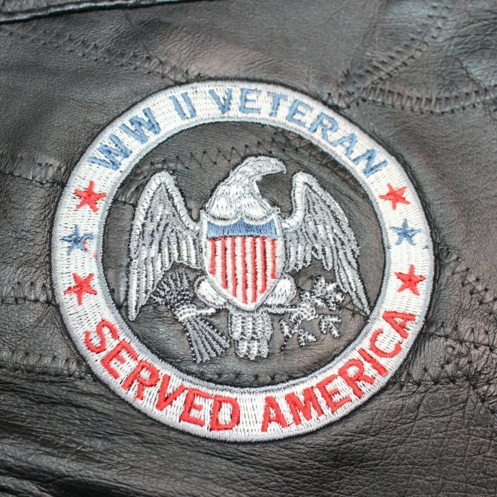 Leather Black Patchwork Motorcycle Vest WW II Embroidered Patch Veteran Military - Picture 5 of 9